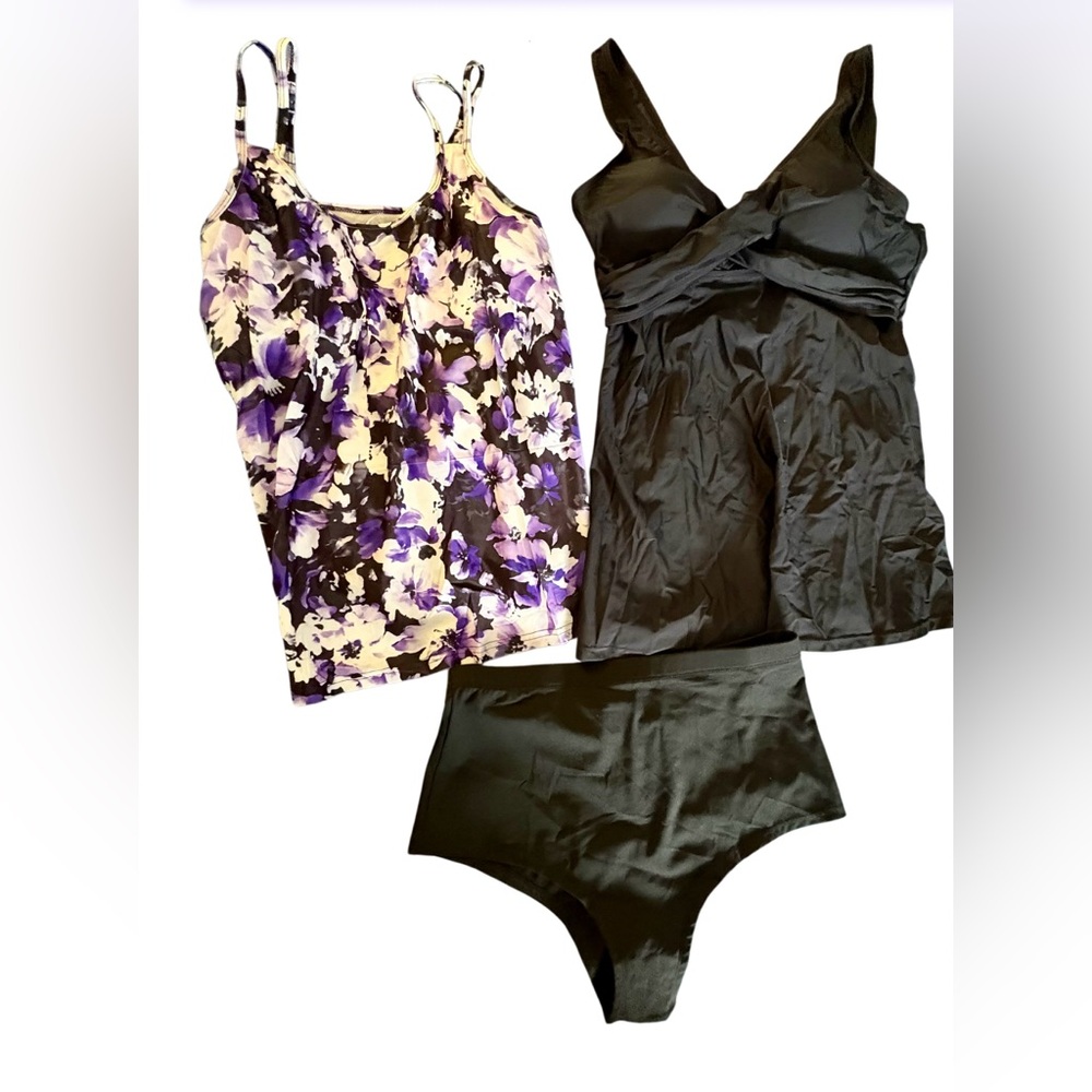 New-3 Piece XL Bikini Set
Black Swim Dress& Purple Floral 
Full Coverage Bottom